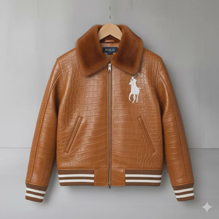 Custom Polo leather Jacket Tan Brown Cowhide Leather Bomber Jacket, School, College Varsity Polo Embroidered Jacket With Fur