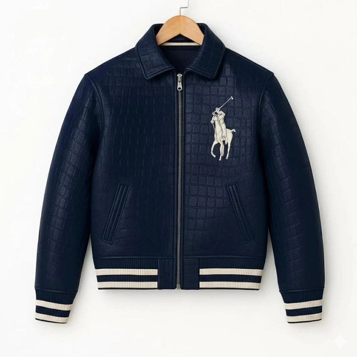 Polo Ralph Lauren Genuine Cowhide Crocodile Embossed Leather Jacket/Men Polo Blue Embroidery Leather Jacket