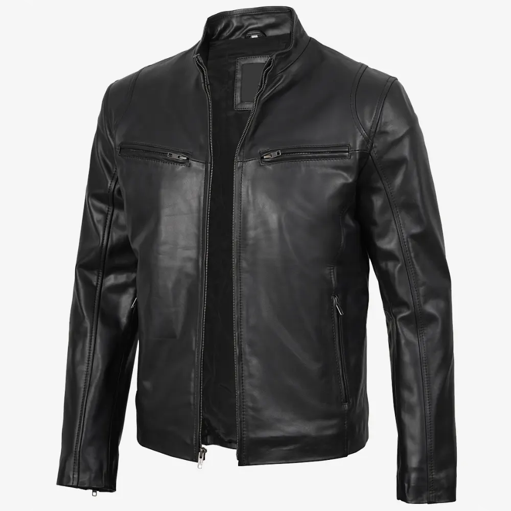 Men Black Cafe Racer Leather Jacket