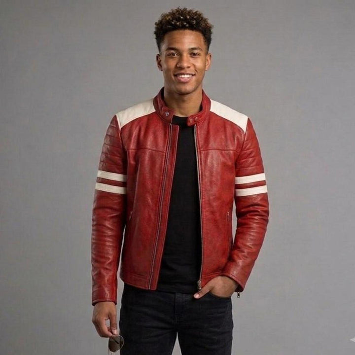 Men's Red Cowhide Leather Cafe Racer Jacket Racing Stripe Vintage Biker Moto