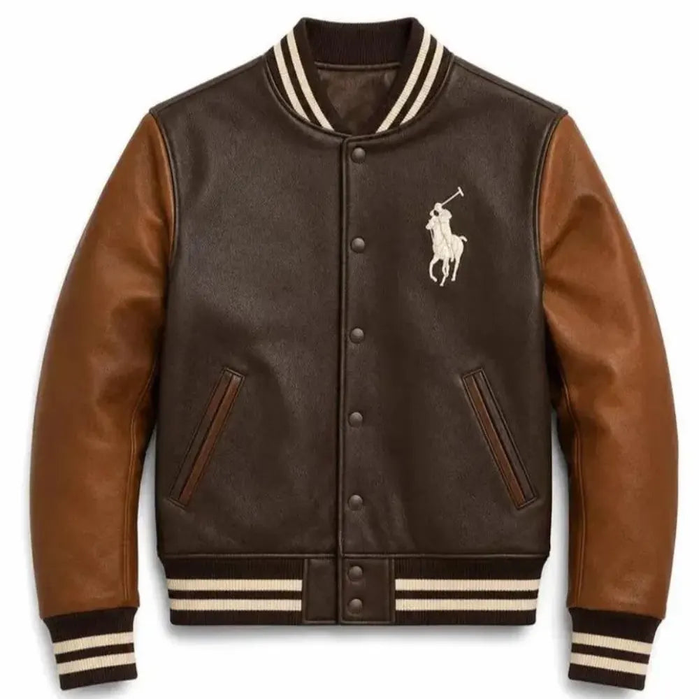 Polo Ralph Lauren Leather Varsity Jacket, Men's Brown Leather Bomber Jacket, Ralph Lauren Letterman Jacket