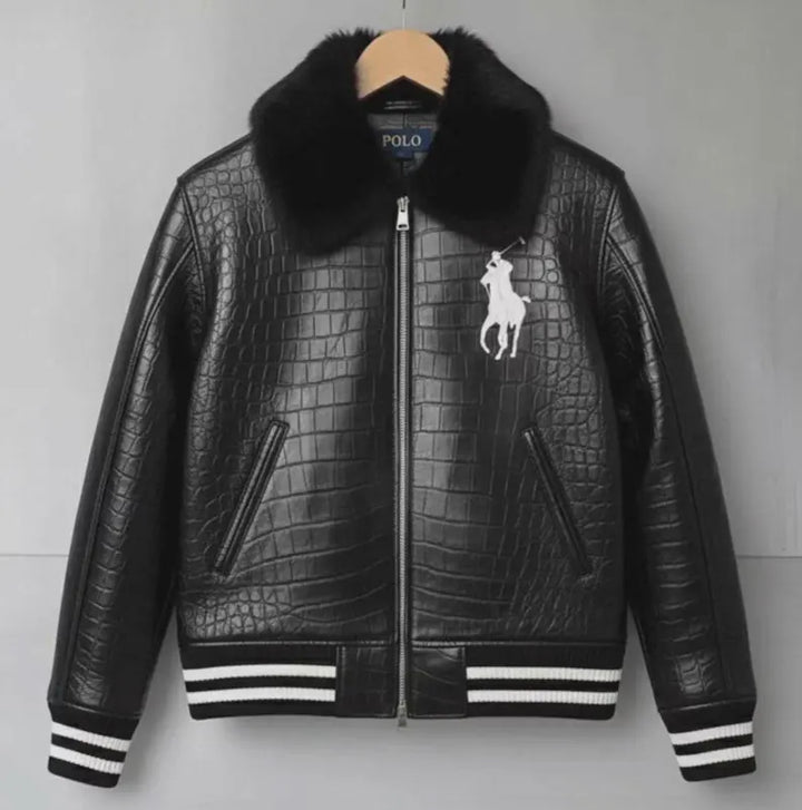 Genuine Polo Men's Black Cowhide Leather Bomber Jacket | Ralph Lauren Crocodile Leather