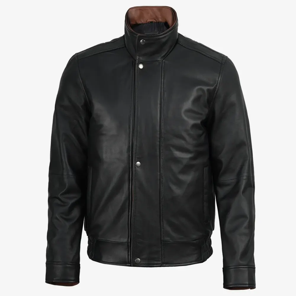 Erin Men's Black Bomber Leather Jacket - Brown Lapel Collar