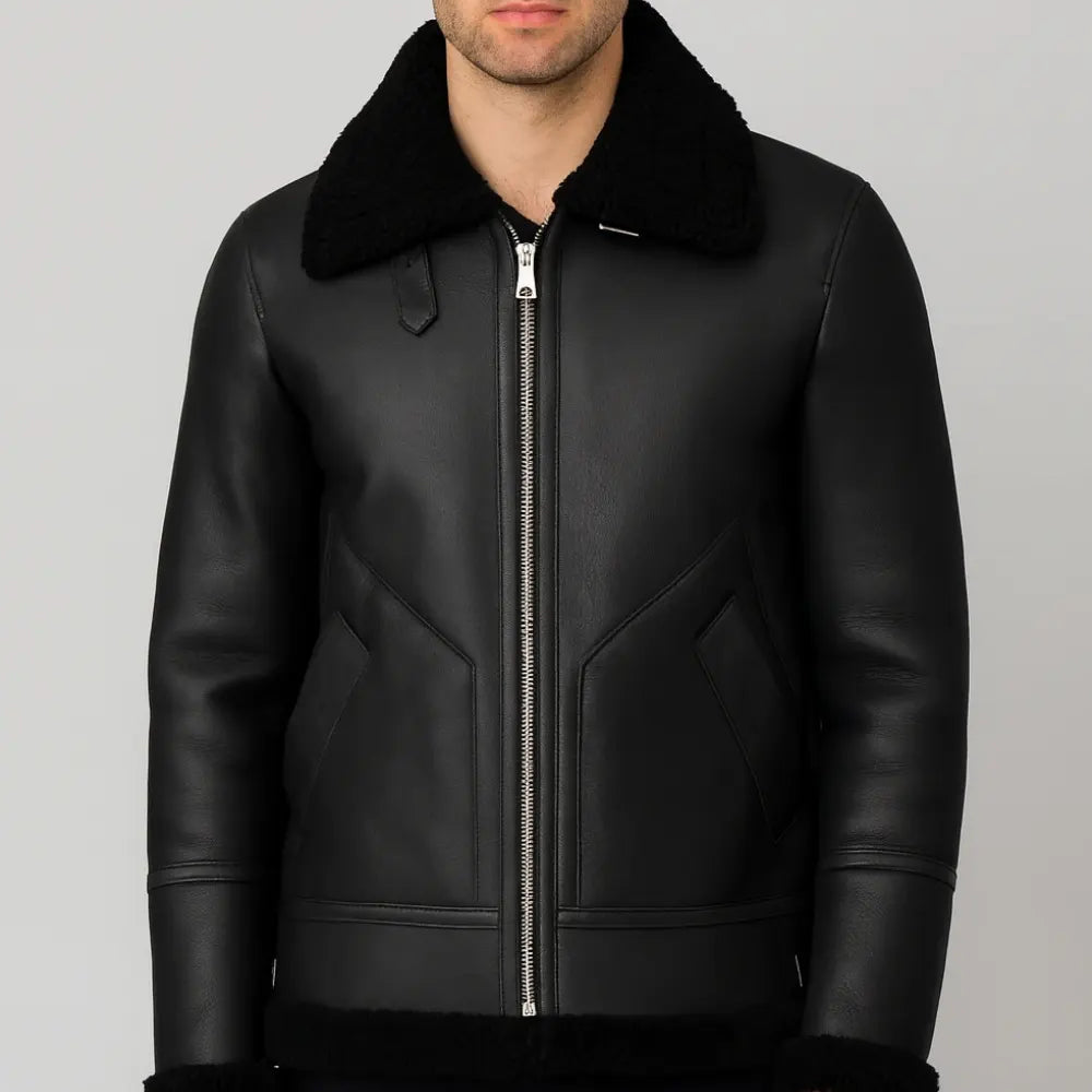 Men’s Shearling Jacket Luxury Lambskin & Wool Winter Jacket – Black
