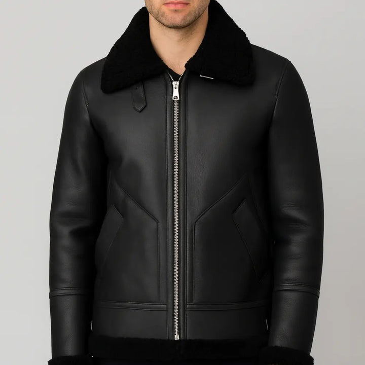 Men’s Shearling Jacket Luxury Lambskin & Wool Winter Jacket – Black