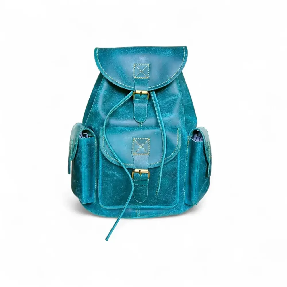 Leather Backpack Ocean Green Genuine Leather Vintage Style Multi-Pocket