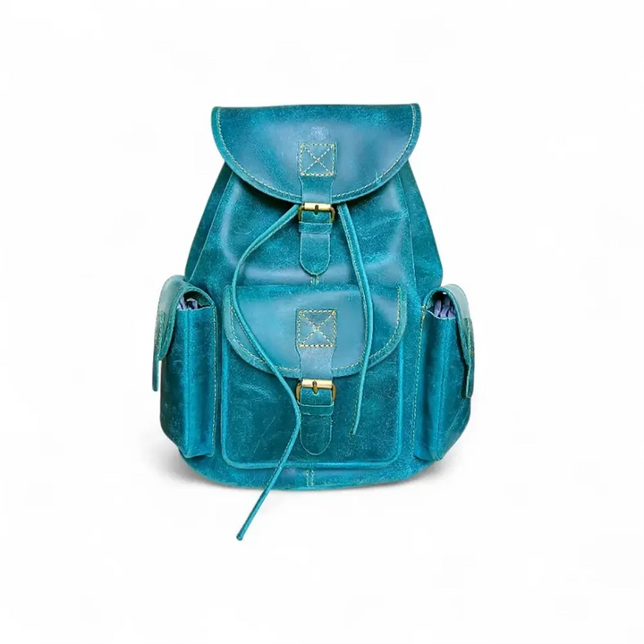 Leather Backpack Ocean Green Genuine Leather Vintage Style Multi-Pocket