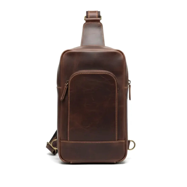 Brown Leather Sling Bag Full-Grain Pull-Up Cowhide Travel Bag