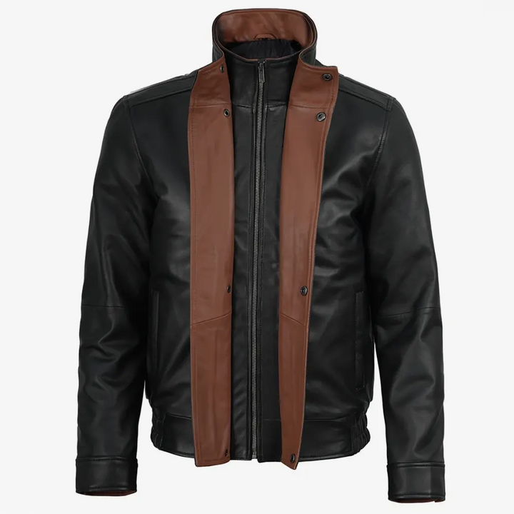 Erin Men's Black Bomber Leather Jacket - Brown Lapel Collar