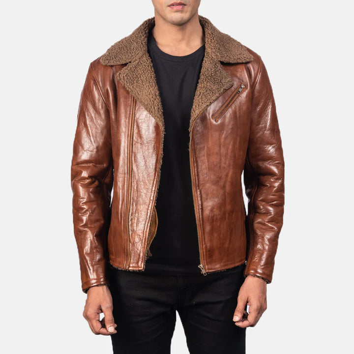 Alberto Shearling Brown Leather Biker Jacket