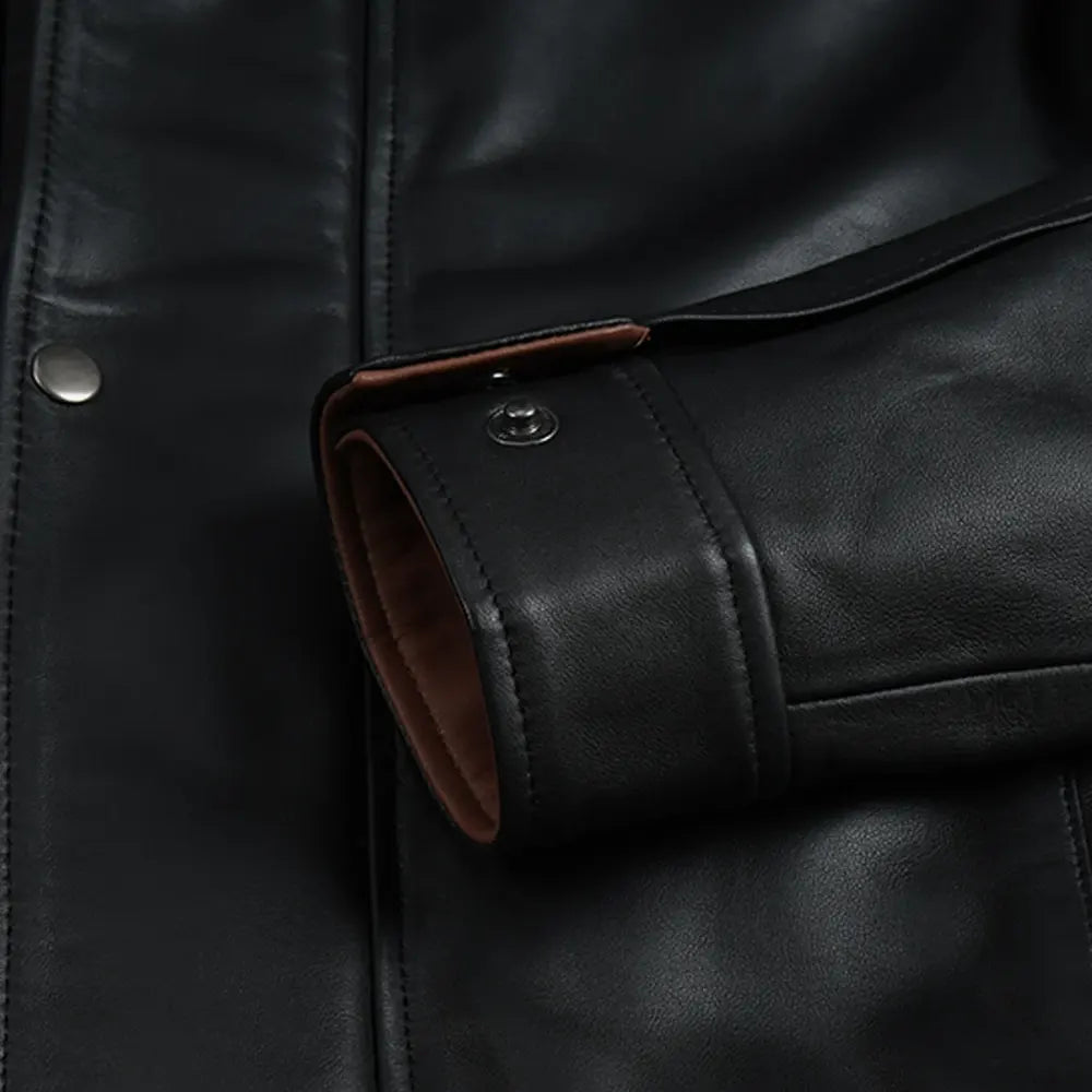 Erin Men's Black Bomber Leather Jacket - Brown Lapel Collar