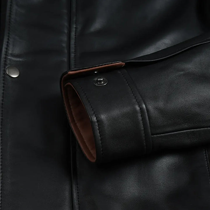 Erin Men's Black Bomber Leather Jacket - Brown Lapel Collar