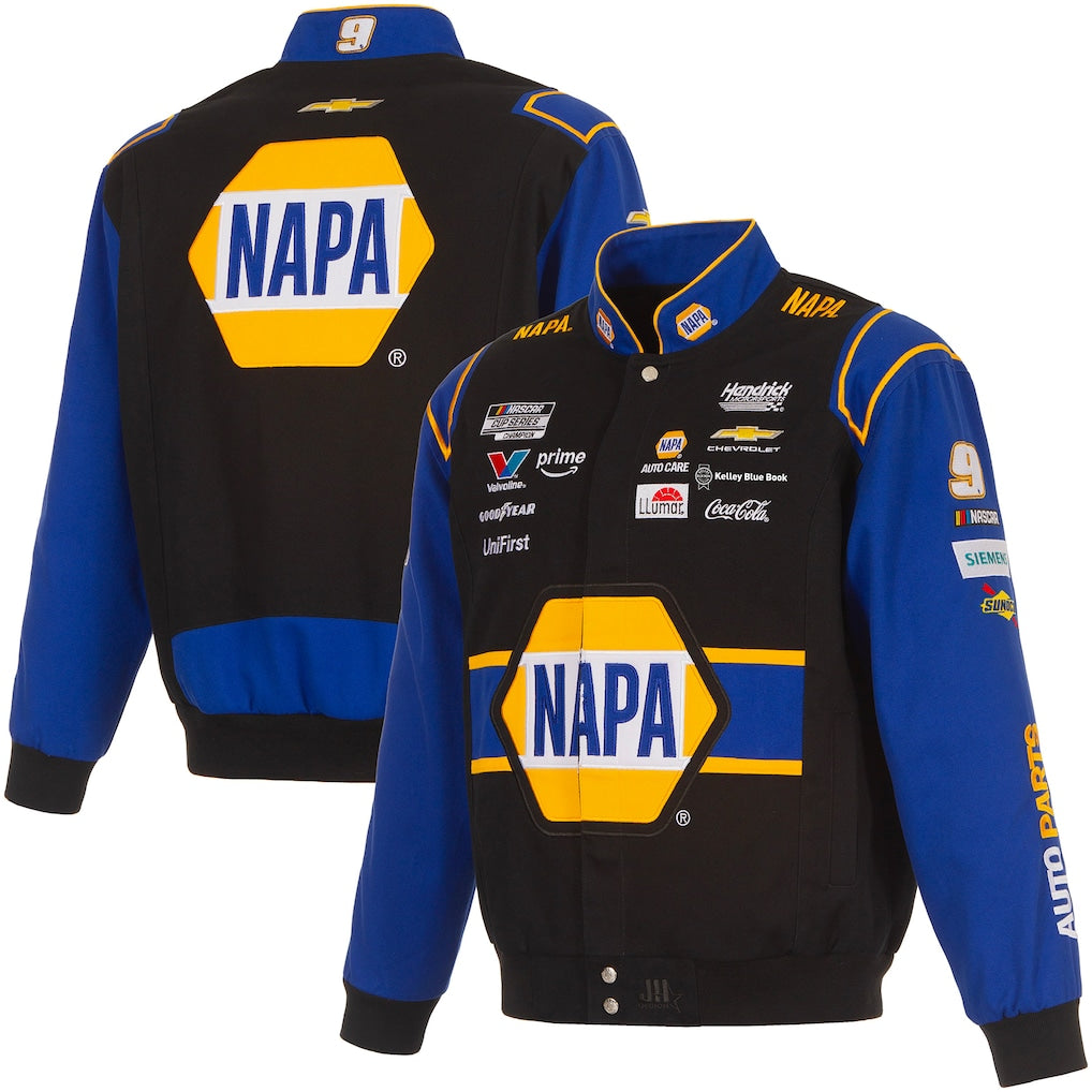 Men's Chase Elliott Black/Royal 2026 NAPA Full-Snap Twill Racing Jacket