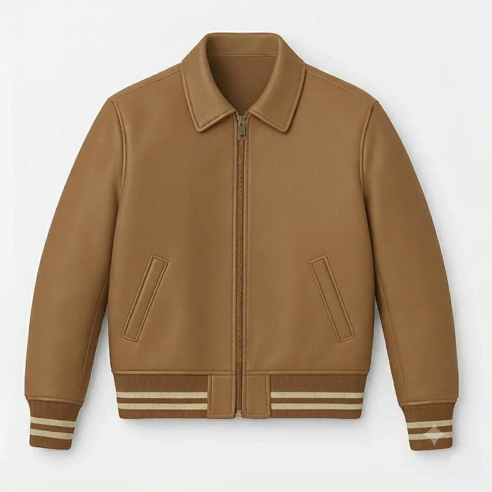 Tan Camel Leather Bomber Varsity Jacket Womens Unisex Retro Striped Cuff Gift