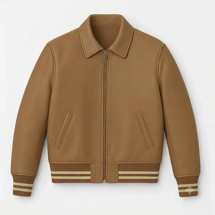 Tan Camel Leather Bomber Varsity Jacket Womens Unisex Retro Striped Cuff Gift