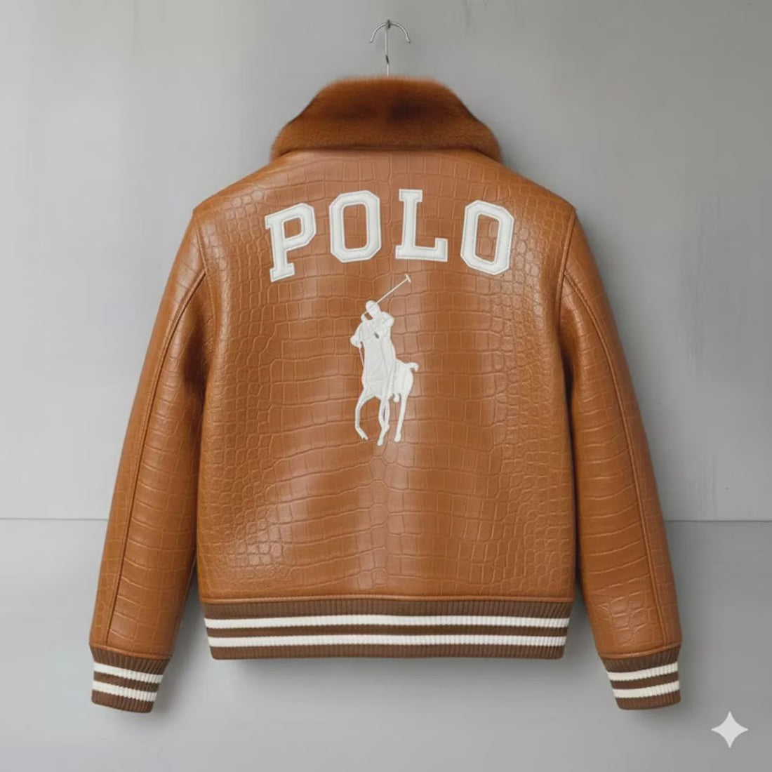 Custom Polo leather Jacket Tan Brown Cowhide Leather Bomber Jacket, School, College Varsity Polo Embroidered Jacket With Fur