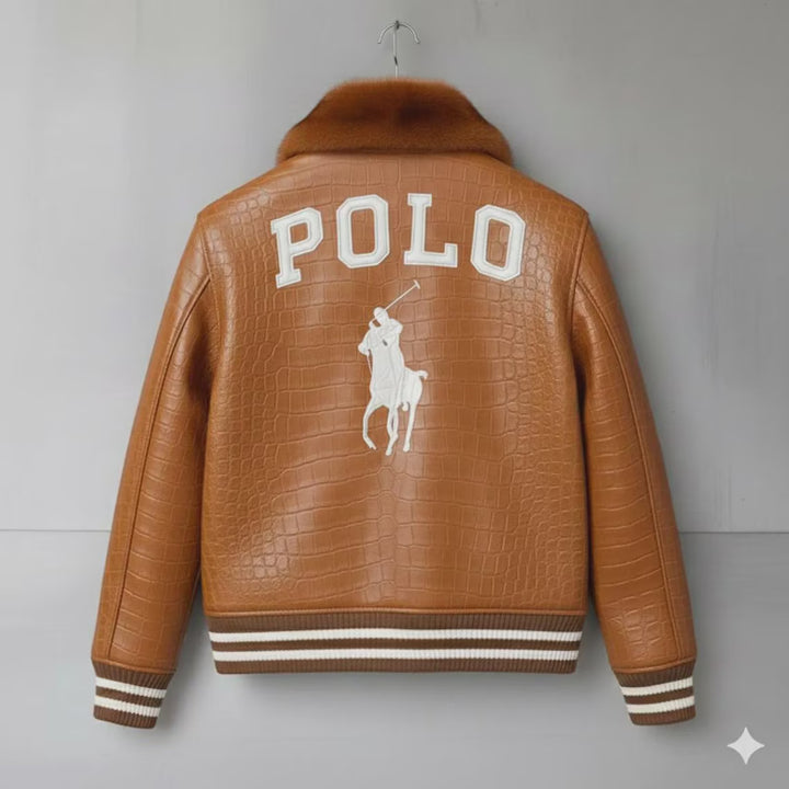 Custom Polo leather Jacket Tan Brown Cowhide Leather Bomber Jacket, School, College Varsity Polo Embroidered Jacket With Fur