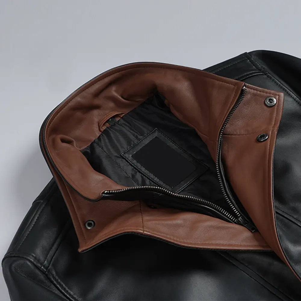Erin Men's Black Bomber Leather Jacket - Brown Lapel Collar