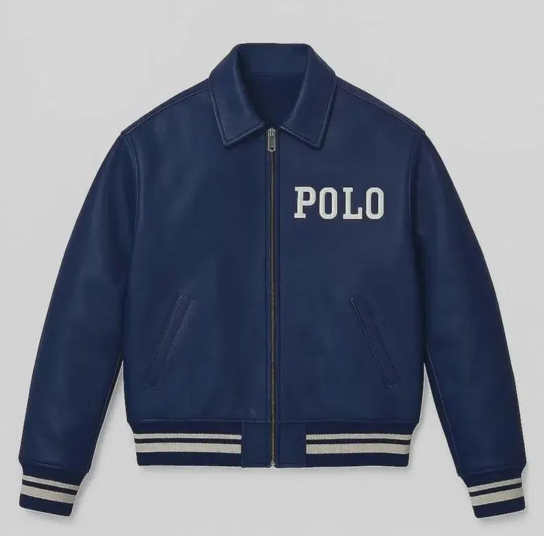 Men’s Navy Blue Leather Bomber Jacket, Equestrian Polo Varsity Style Outerwear