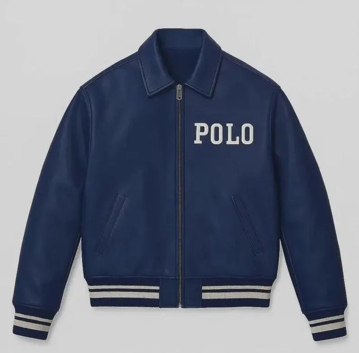 Men’s Navy Blue Leather Bomber Jacket, Equestrian Polo Varsity Style Outerwear