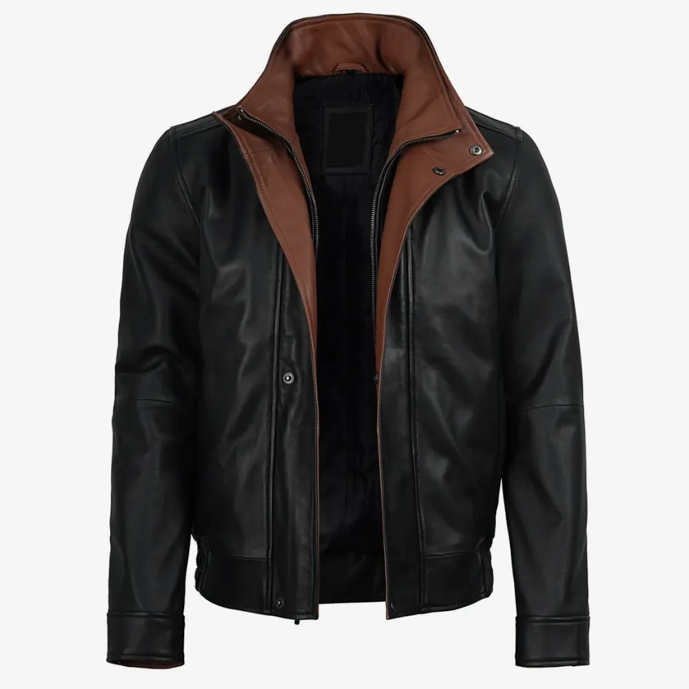 Erin Men's Black Bomber Leather Jacket - Brown Lapel Collar