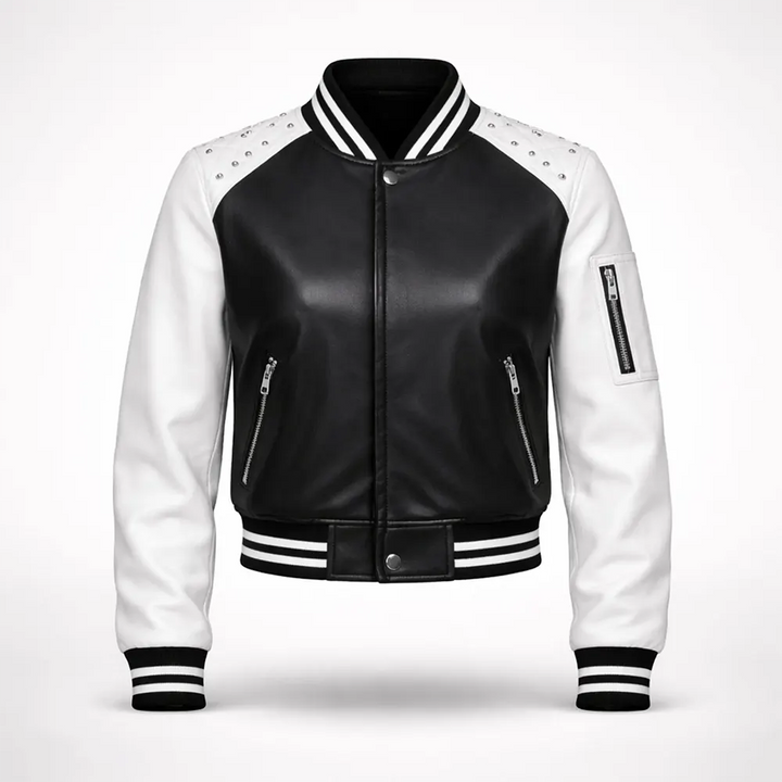 Women's Black & White Faux Leather Varsity Bomber