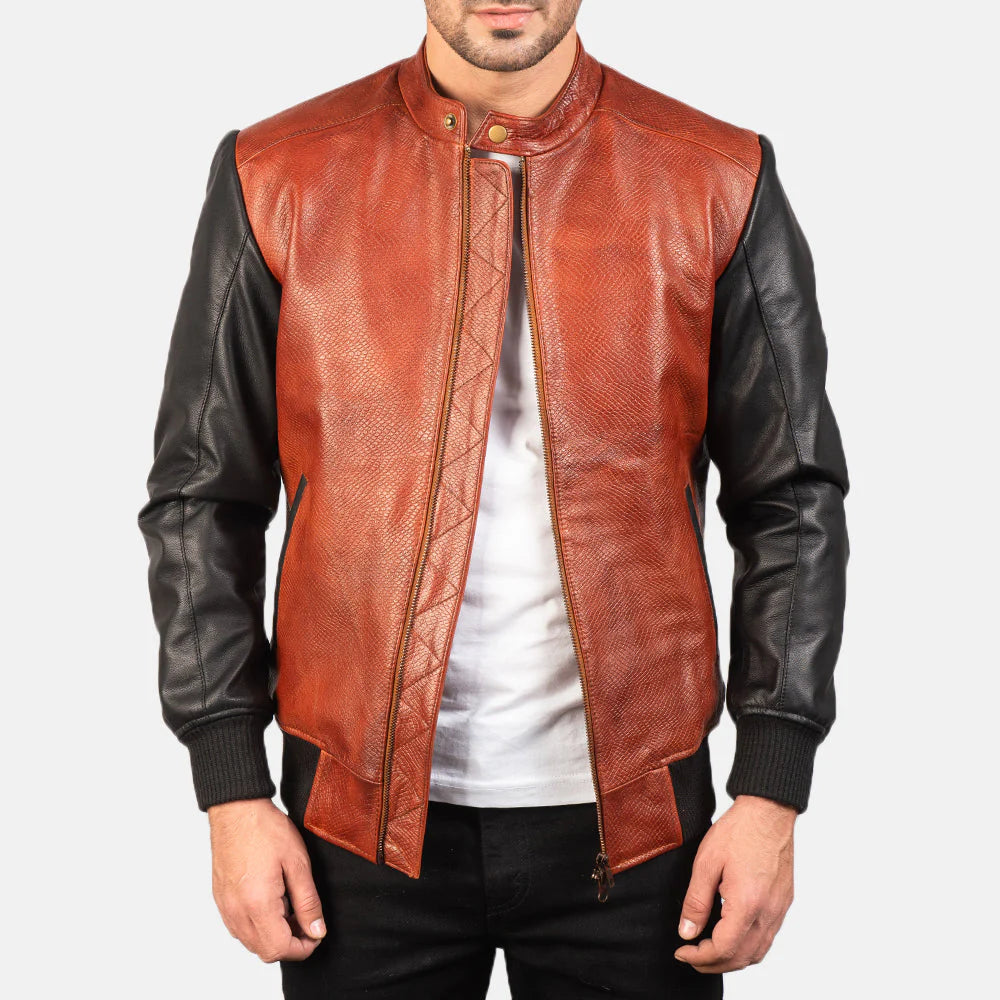 Avan Black & Maroon Biker Leather Bomber Jacket