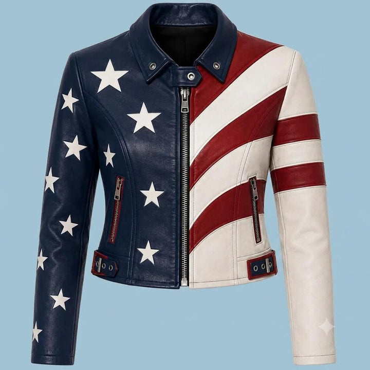 Genuine Cowhide American Flag Biker Jacket Women Stars Stripes Patriotic Real Leather Moto Coat