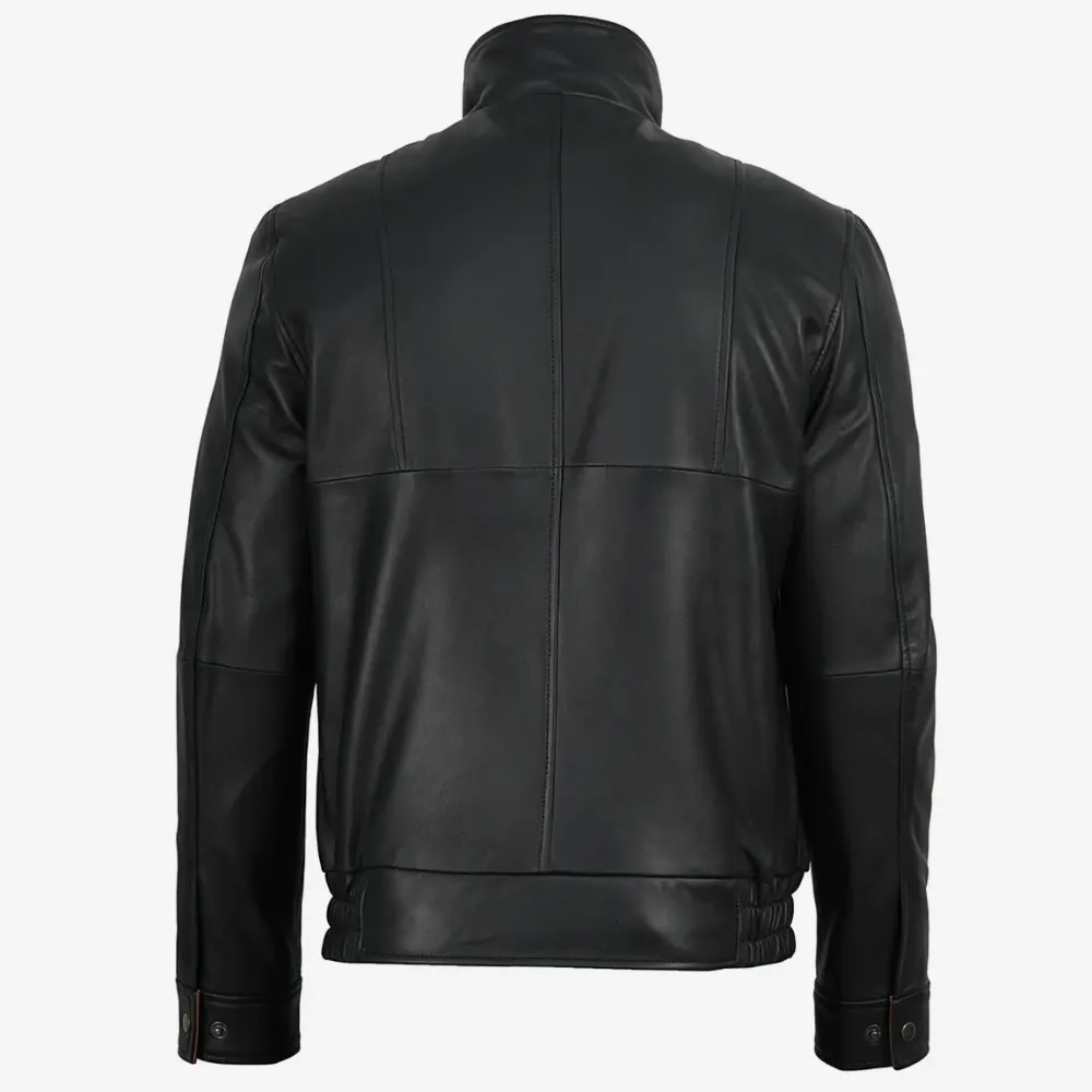 Erin Men's Black Bomber Leather Jacket - Brown Lapel Collar