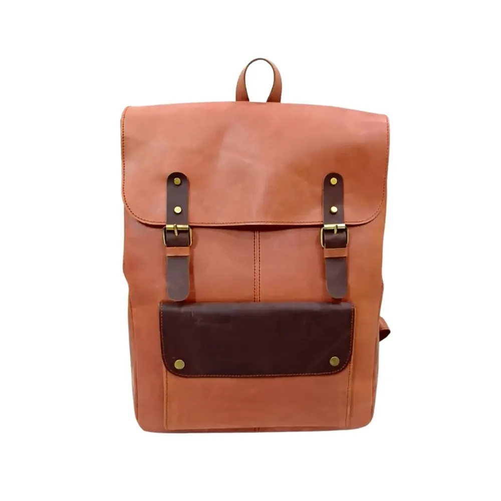 Leather Laptop Backpack Mustard & Dark Brown Travel Backpack