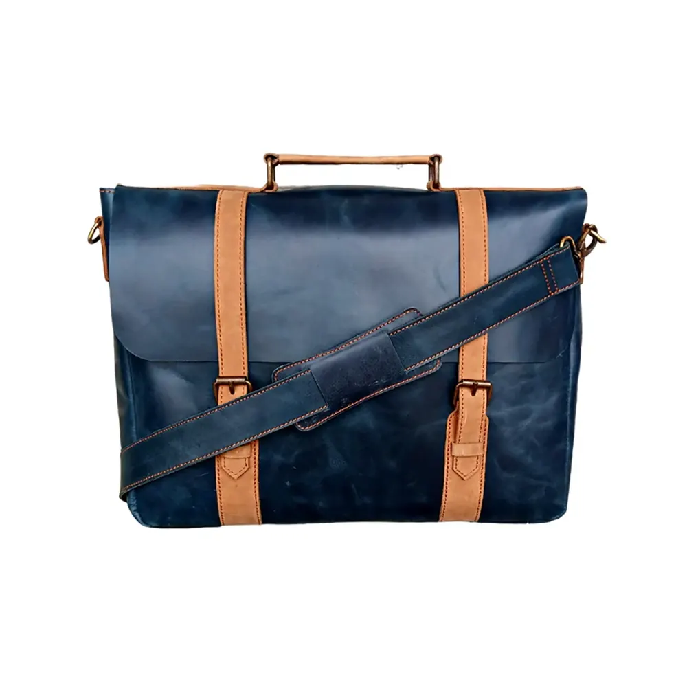 Navy Classic Leather Laptop Bag 14 & 15Blue & Tan Cow Leather