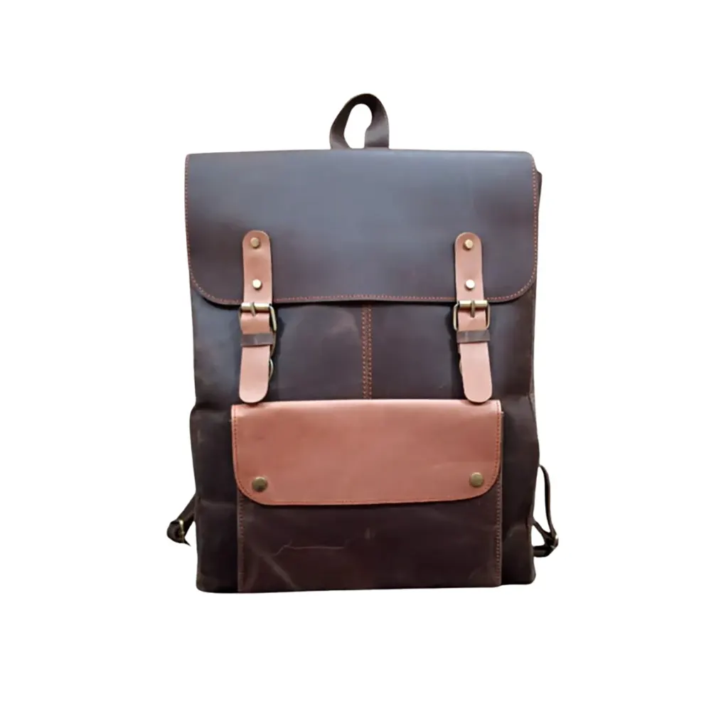 Leather Laptop Backpack Dark Brown & Mustard Travel Backpack