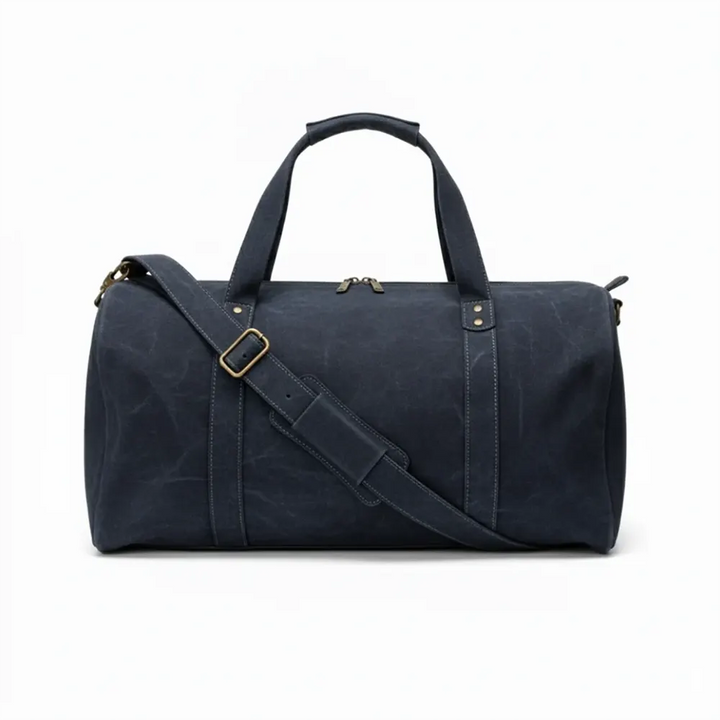 Navy Leather Duffel Bag Premium Travel & Gym Holdall with Shoe Compartment