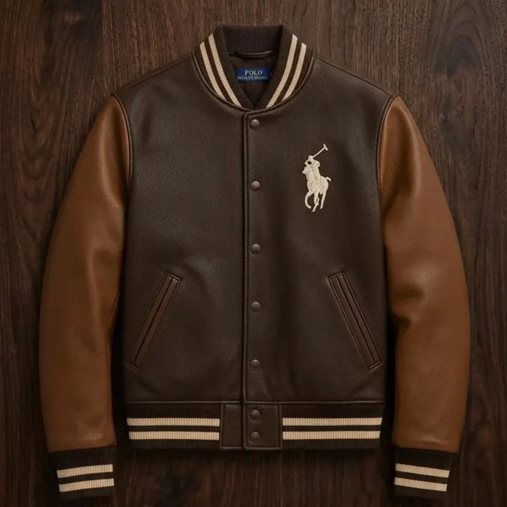 Polo leather Jacket, brown and Tan Cowhide Leather Bomber Jacket, customized Polo jacket, Embroidered patches