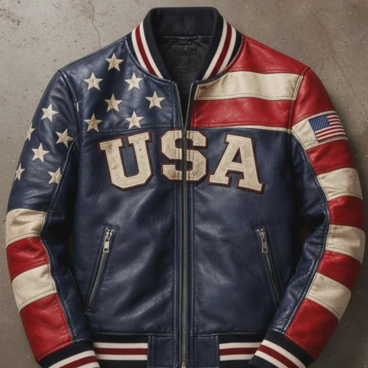 Men’s USA Flag Genuine Cowhide Leather Jacket – American Patriotic Biker Motorcycle Coat