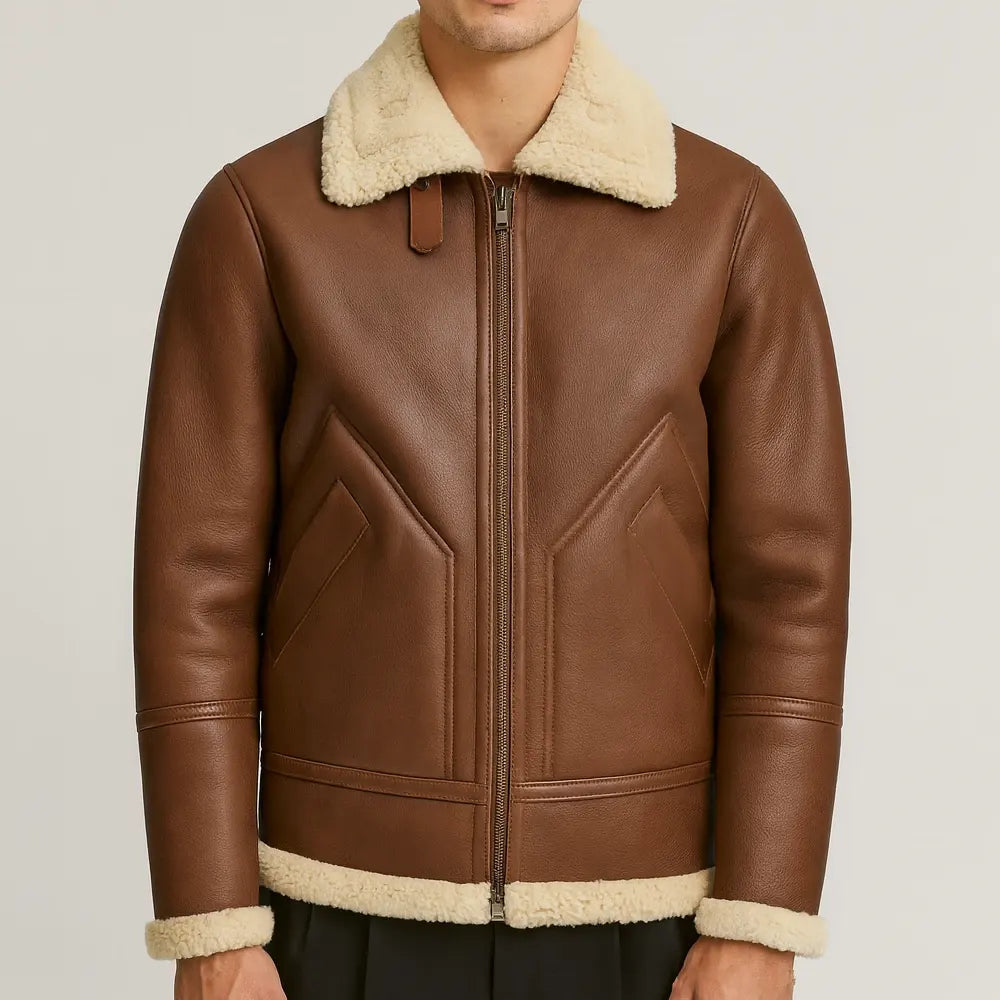 Men’s Shearling Jacket  Cognac Brown Lambskin & White Wool Winter Jacket