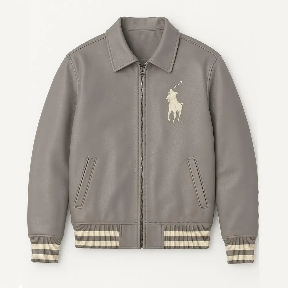 Grey Polo Rider Varsity Leather Jacket