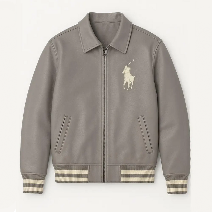 Grey Polo Rider Varsity Leather Jacket