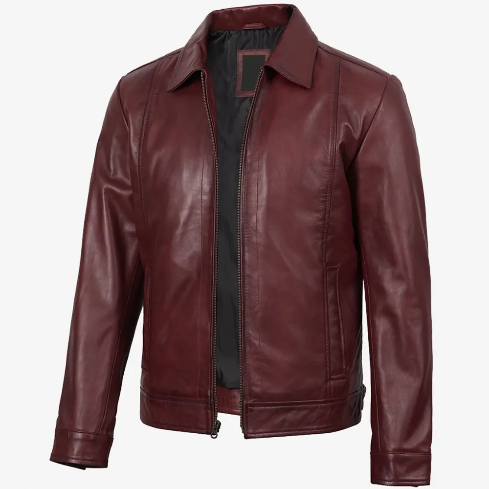 Reeves Men's Burgundy Leather Harrington Jacket — Waxed
