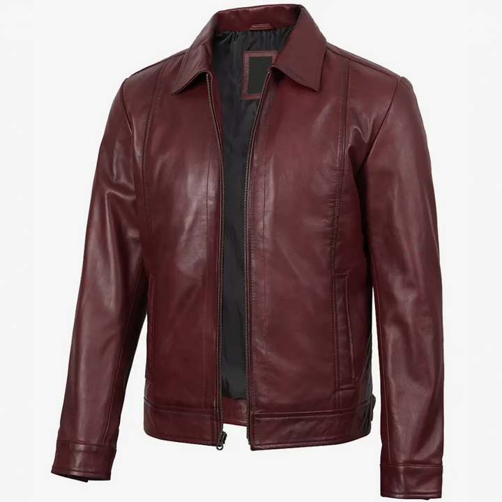 Reeves Men's Burgundy Leather Harrington Jacket — Waxed