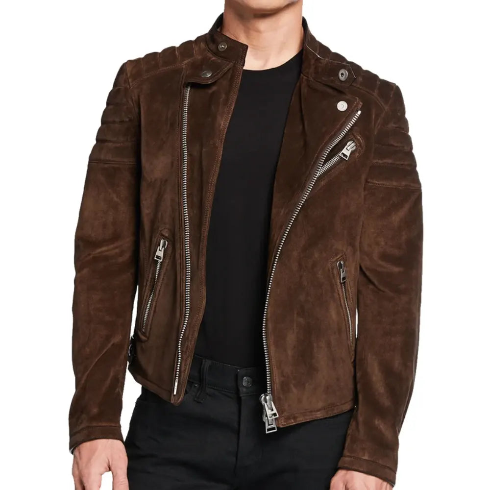 Luxurious Suede Biker Jacket for Men Snap-tab Collar