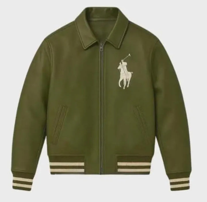 Cowhide Leather Bomber Jacket, Green Leather Jacket, Polo Style Equestrian Back Graphic, Unisex Vintage Varsity Outerwear