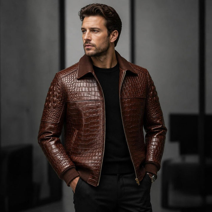 Mens Genuine Cowhide Croc Embossed Bomber Coat Brown Zip Up Outerwear