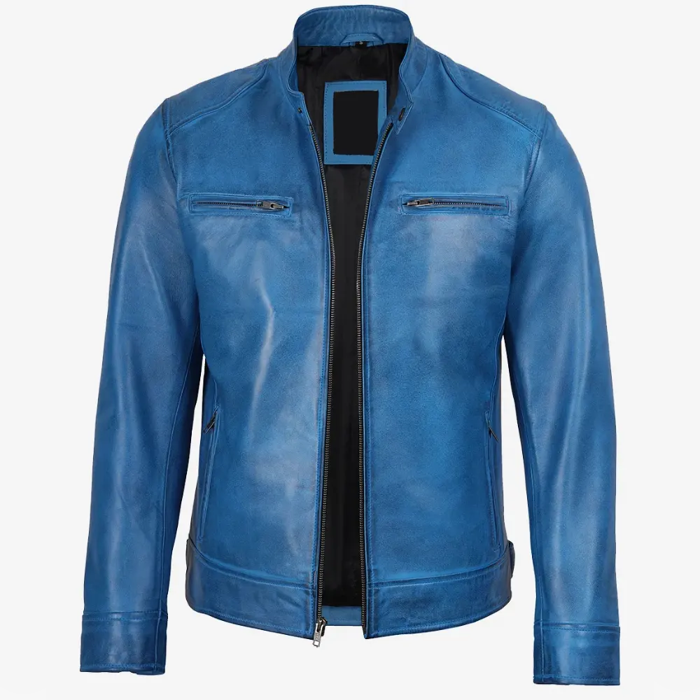 Dodge Mens Cafe Racer Blue Leather Jacket