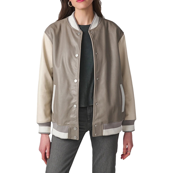 Clara Oversized Beige Bomber Varsity Leather Jacket Women’s