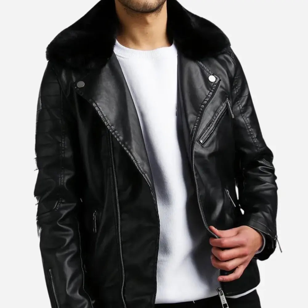 Mens Leather Biker Jacket With Fur Collar