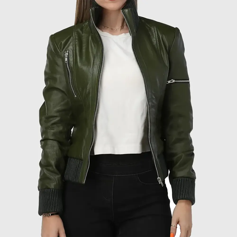 Cheryl Womens Green Bomber Leather Jacket