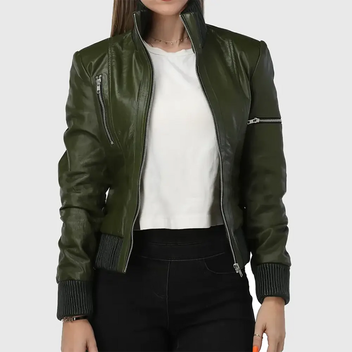 Cheryl Womens Green Bomber Leather Jacket