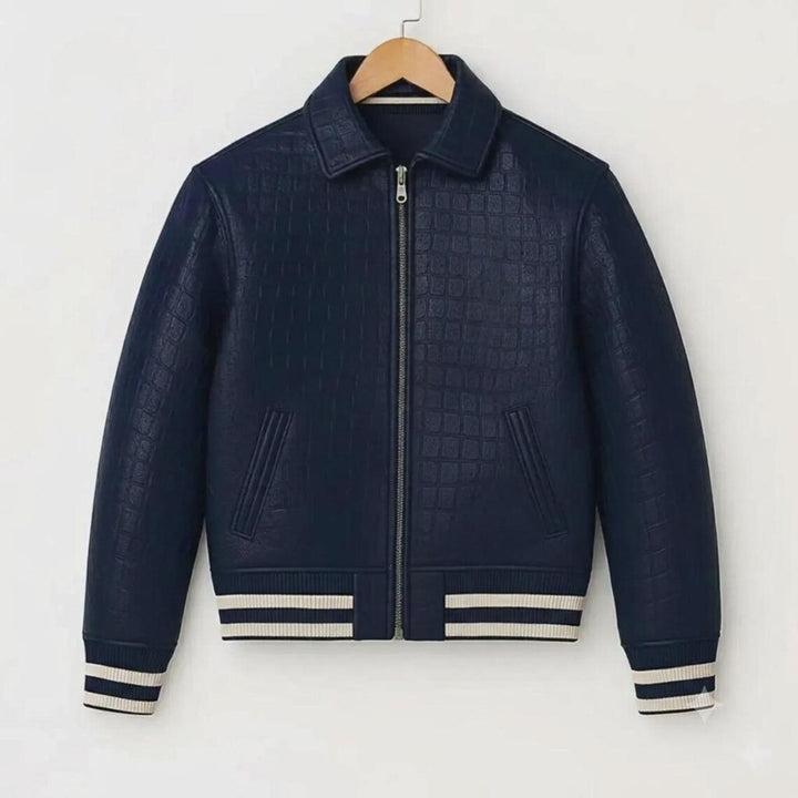 Navy Croc Emboss Leather Bomber Jacket | Unisex Genuine Cowhide Varsity Coat | Luxury Streetwear