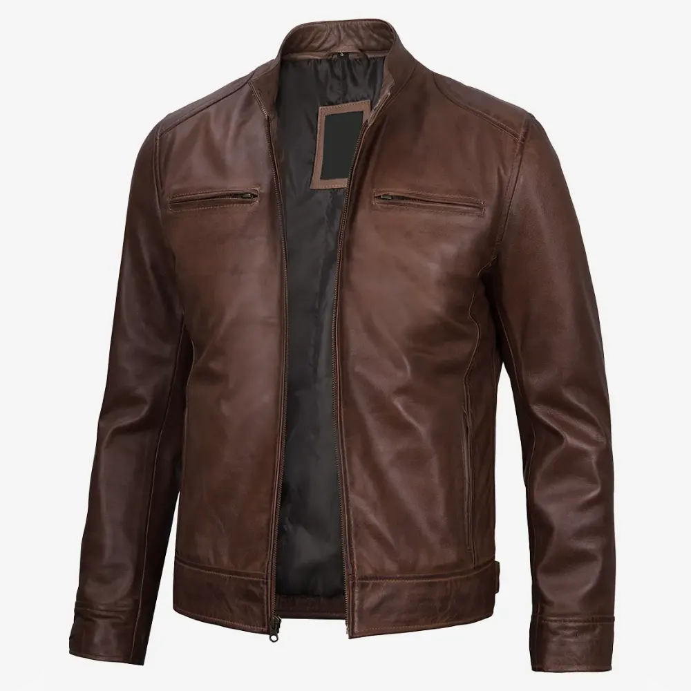 Dodge Men's Cognac Cafe Racer Leather Jacket